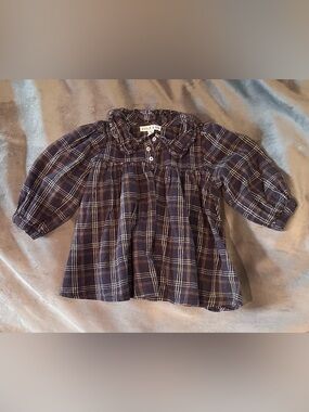 Emile et Ida Girls' Navy Plaid Long-Sleeve Peasant Top